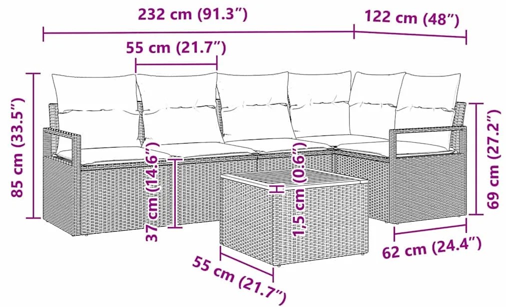 Conjunto de Sofá de Jardim com 6 Peças e Almofadas Cinza em Rattan de
