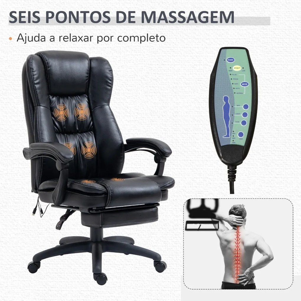 Cadeira de Escritório Giratória com Altura Ajustável 6 Pontos de Massagem Controle Remoto e Apoio para os Pés Retrátil 68,5x68,5x119-127cm Preto