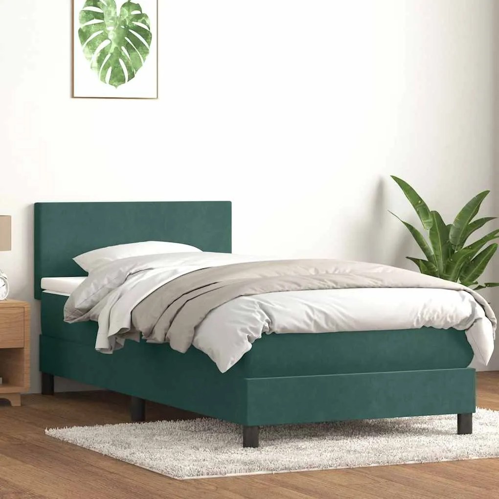 vidaXL Cama box spring c/ colchão e LED verde-escuro 90x210 cm veludo