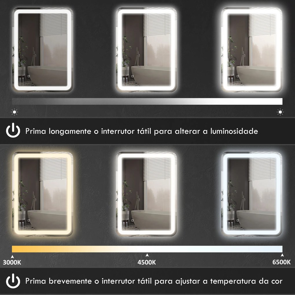 Espelho Casa de Banho com Luzes LED 70x90 cm Função Antiembaciamento 3 Temperaturas de Cor Ajustável e Função de Memória Prata