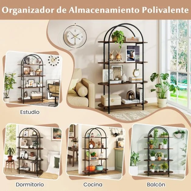 Estante arqueada 95 x 34 x 156 cm, 4 níveis com Estrutura metálica Castanho rústico e preto