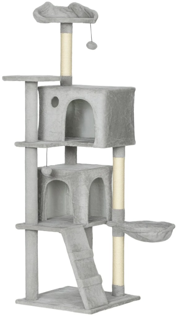 PawHut Arranhador para Gatos com Múltiplas Plataformas Cama 2 Cavernas Rede Escada Postes de Sisal 48x48x160 cm Cinzento Claro | Aosom Portugal