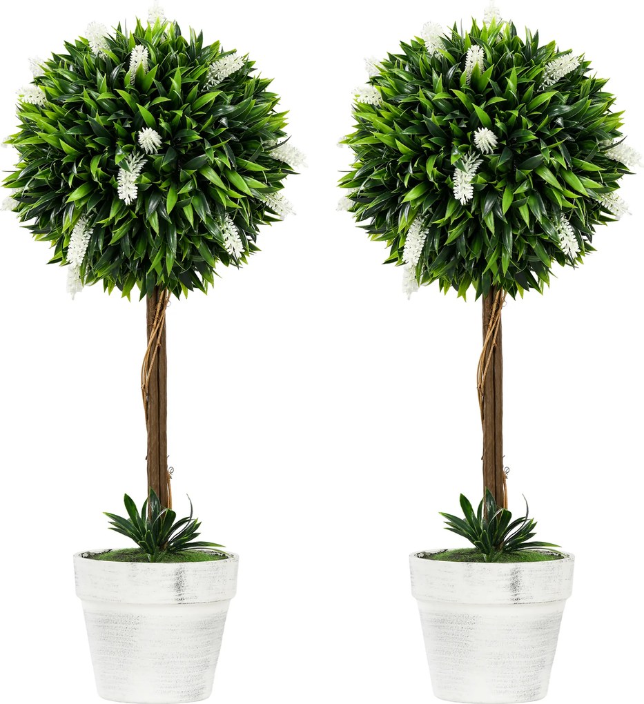 HOMCOM Conjunto de 2 árvores artificiais de lavanda, 60 cm de altura, com vaso e musgo artificial, Branco | Aosom Portugal