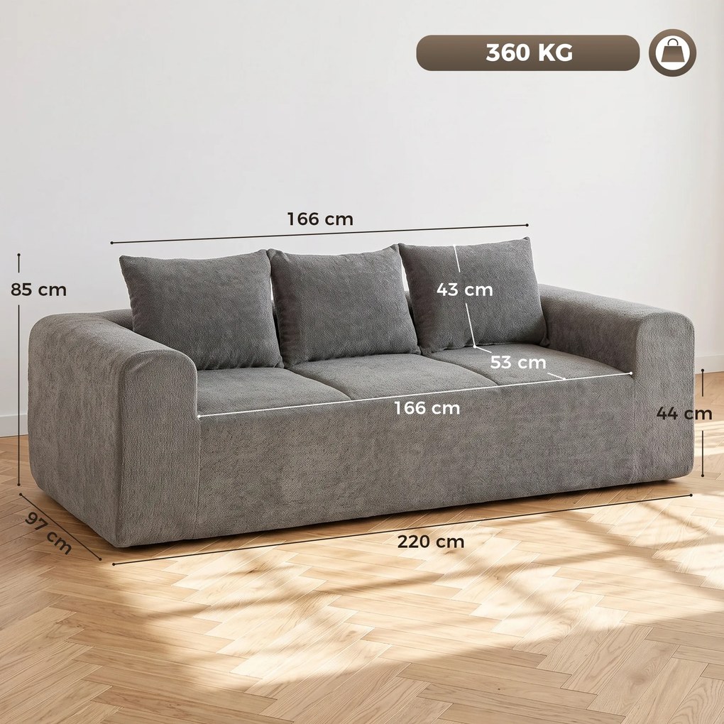 Sofá 3 Lugares em Chenille 220 cm, Sofá de Sala Moderna com Assento e Braços Largos, 3 Almofadas, Cinza