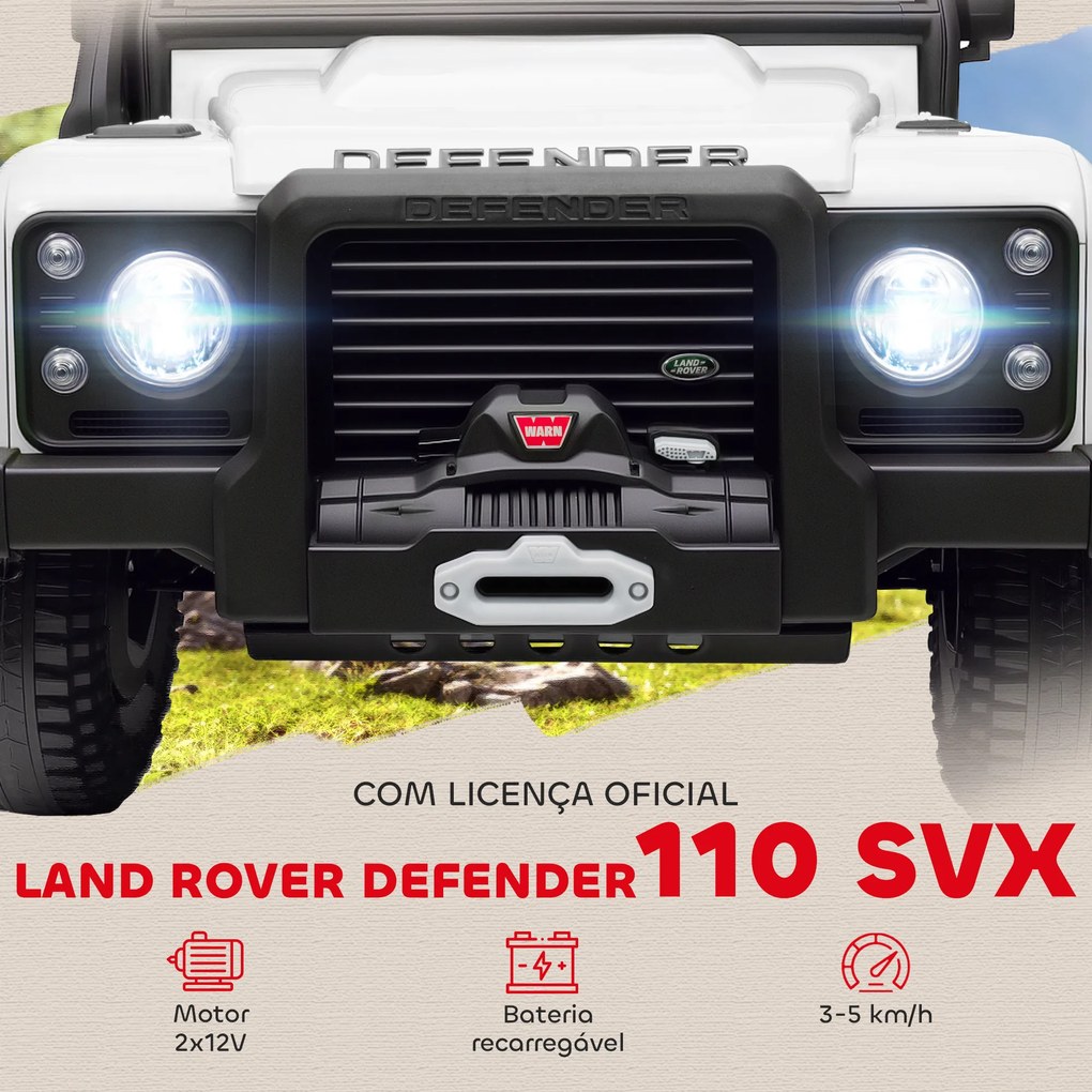 Carro Elétrico para Crianças com Licença Land Rover 12V Controlo Remoto Sistema de Suspensão USB MP3 Velocidade Ajustável Faróis 115x61x61 cm Branco