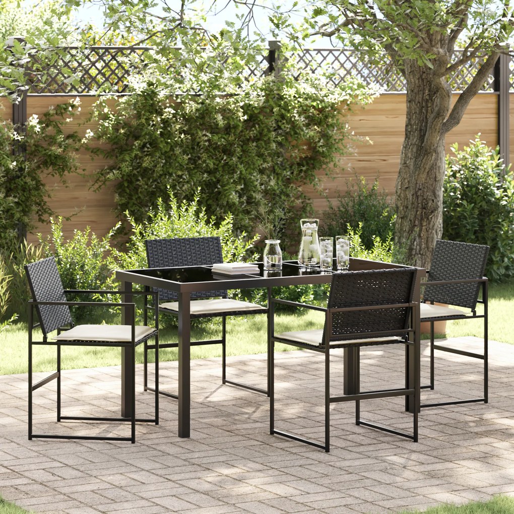 vidaXL Conjunto de Jantar de Jardim 5 Peças com Almofadas Preto Vime PE