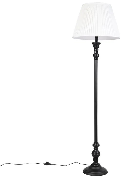 Candeeiro de pé preto com aba de tecido branco plissado 45 cm - Classico Clássico / Antigo
