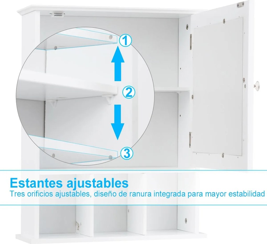 Armário de casa de banho com espelho de parede com porta e Estante Armário de arrumação  50 x 16 x 61 cm branco