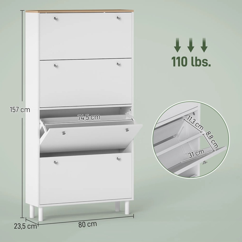 Sapateira para 32 Pares, 80 x 23,5 x 157 cm, 4 Gavetas Basculantes, Branco e Carvalho
