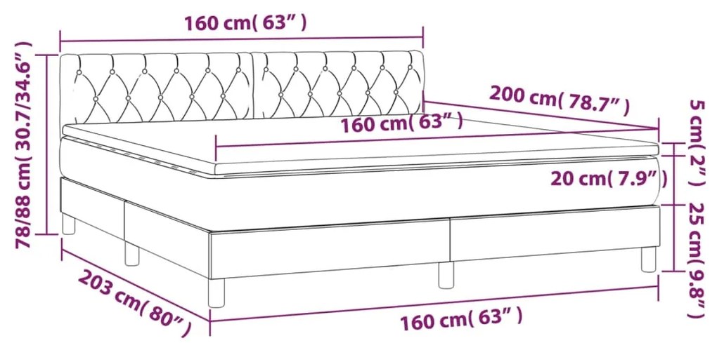 Cama box spring c/ colchão/LED 160x200 cm veludo azul-escuro