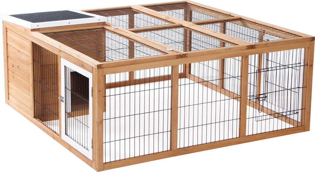 Pawhut Coelheira de Exterior Gaiola Coelhos Porquinho da India Animais Pequenos 2 Portas Teto Asfáltico 123x120x52 cm Madeira Natura | Aosom Portugal
