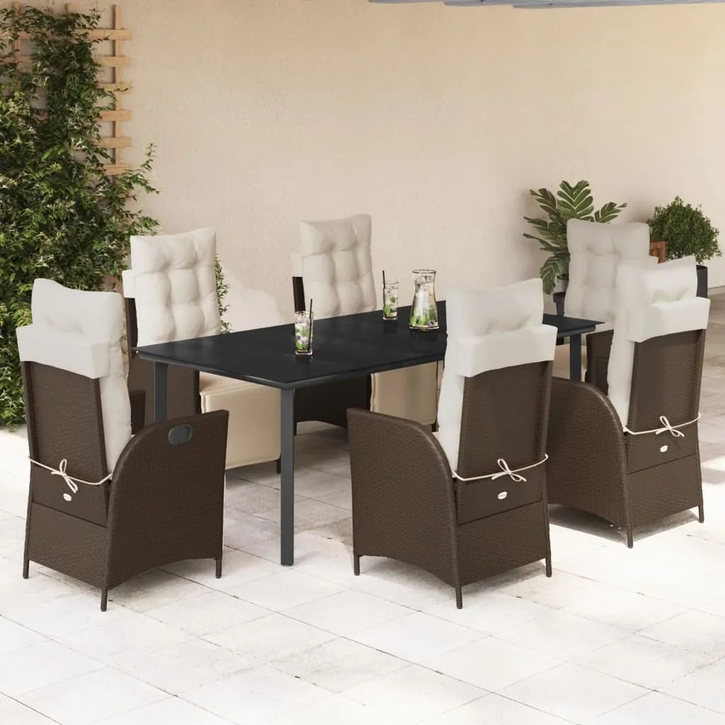 7 pcs conjunto jantar p/ jardim c/ almofadões vime PE castanho