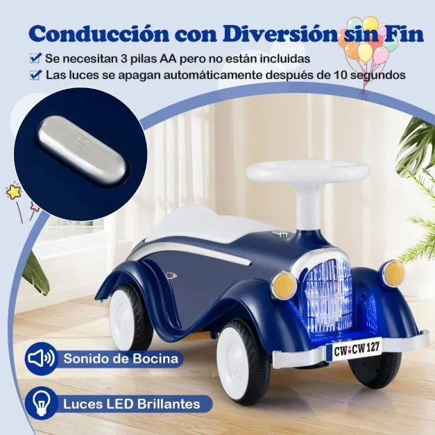 Andarilho carro clássico deslizante com volante, buzina, luz LED e espaço de armazenamento sob o assento para crianças de 19 a 36 meses, azul escuro
