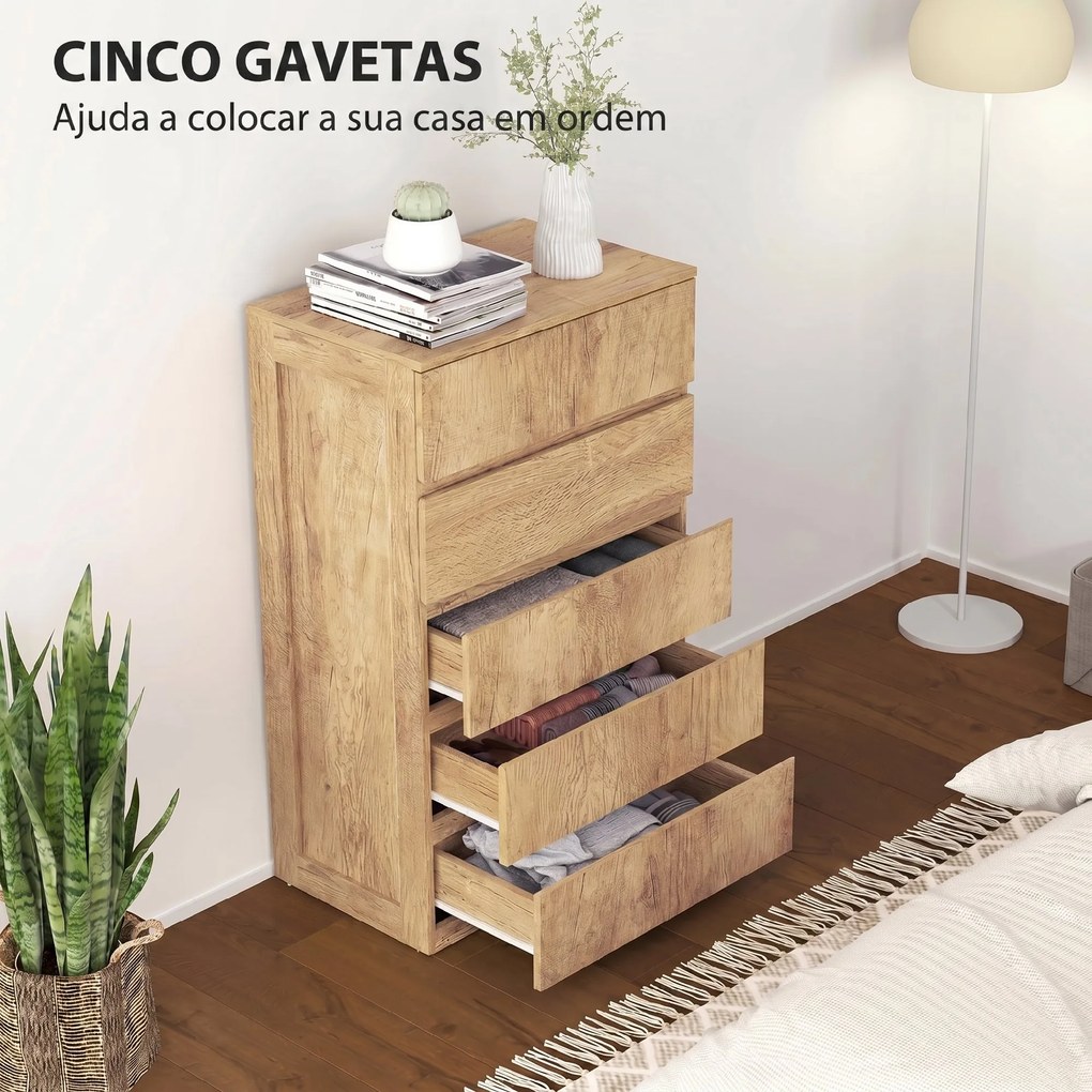 Cómoda de 5 Gavetas para Quarto Moderna Design sem Puxadores para Sala de Jantar Entrada 60x39x100 cm Madeira Natural