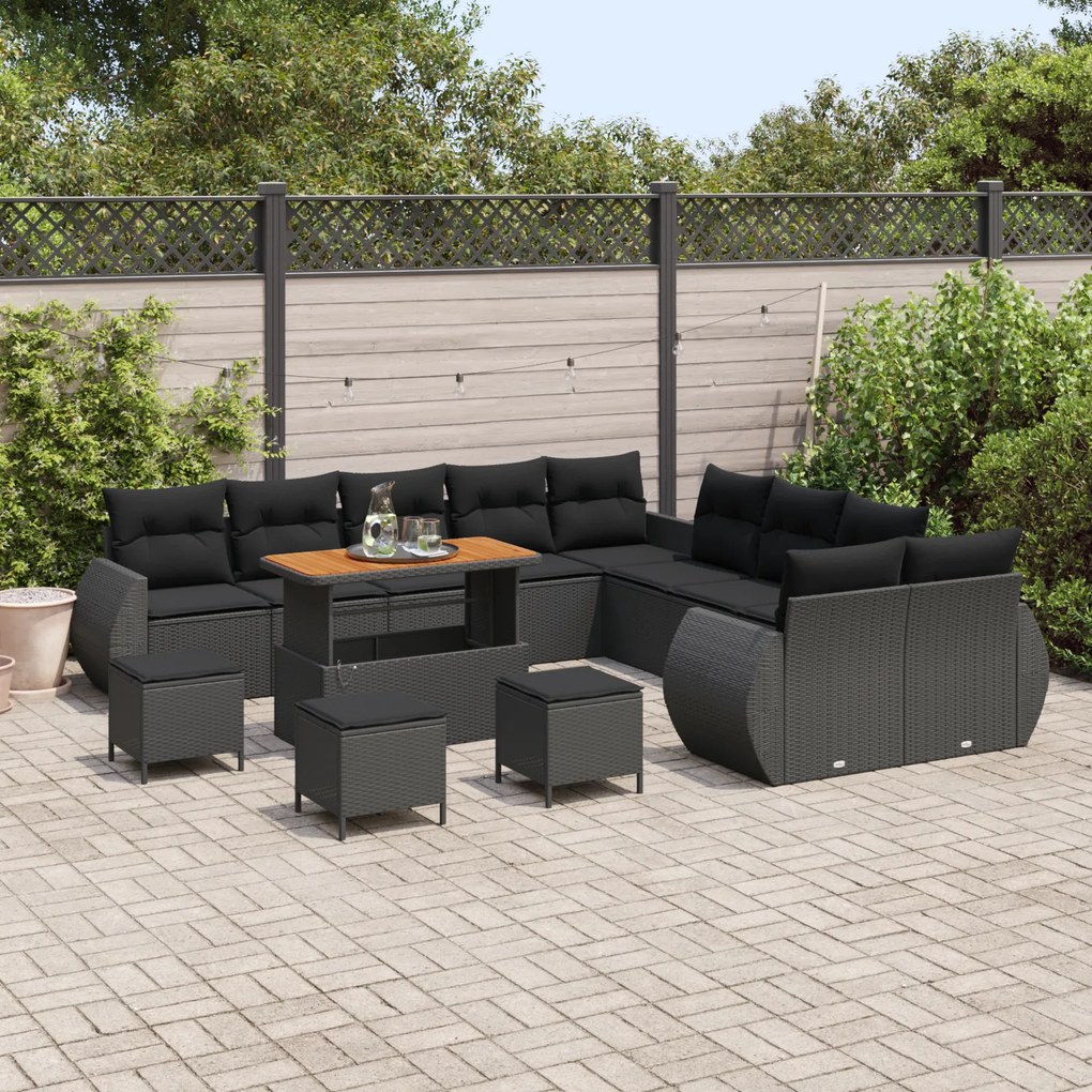 Conjunto de Sofás de Jardim vidaXL de 14 Peças com Almofadas Preto Vim