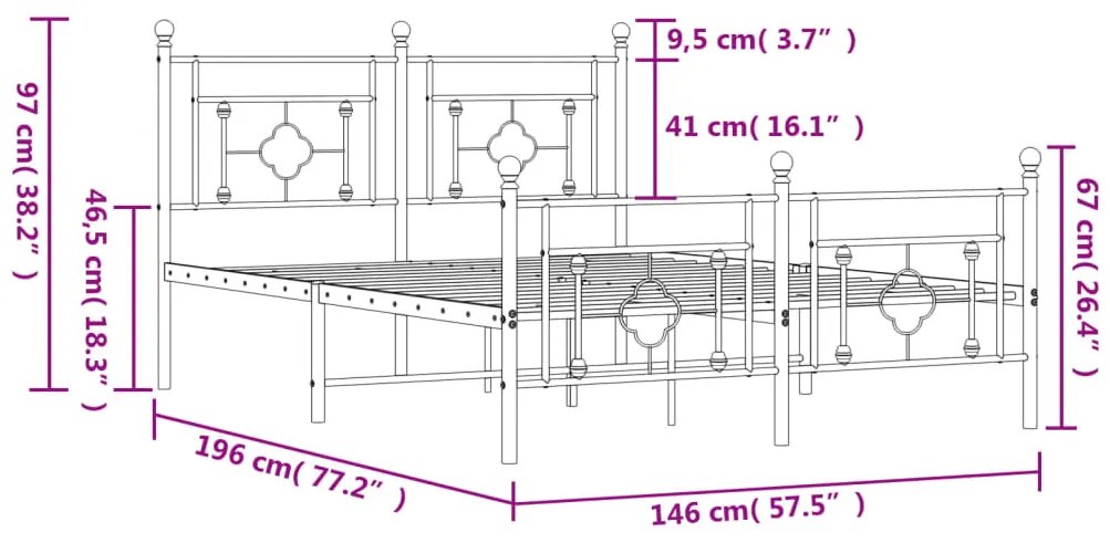 Estrutura de cama com cabeceira e pés 140x190 cm metal preto