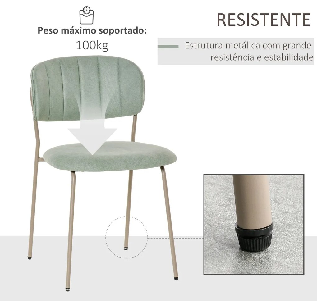 Conjunto de 4 Cadeiras de Sala de Jantar Empilháveis com Pés de Metal Estilo Moderno Nórdico para Cozinha Bar Restaurante Carga Máx. 100kg 49,5x55x81cm Verde
