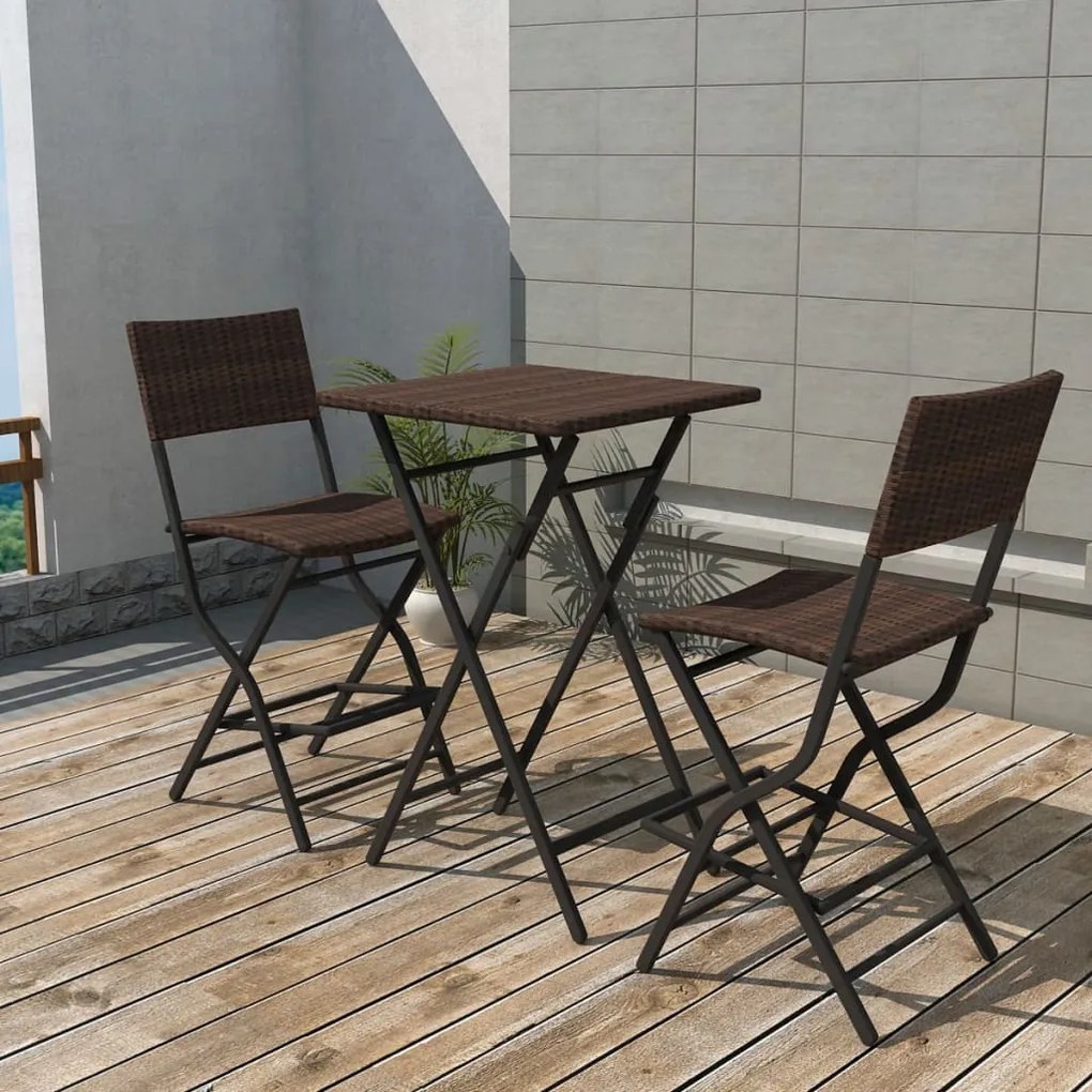 42871 vidaXL 3 pcs conjunto bistrô dobrável em aço e vime PE castanho