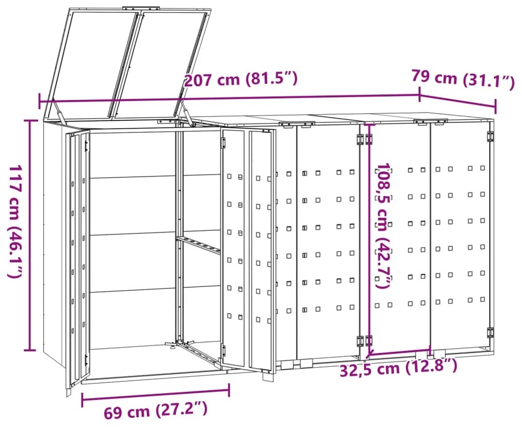Abrigo para 3 caixotes do lixo 207x79x117 cm aço cinzento