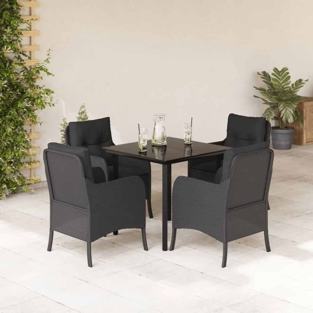 5 pcs conjunto de jantar p/ jardim c/ almofadões vime PE preto