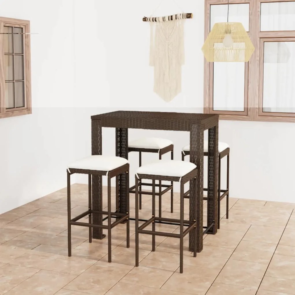 vidaXL 5 pcs conjunto de bar p/ jardim com almofadões vime PE castanho