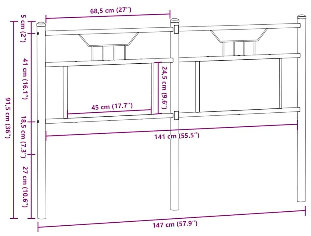 Cabeceira de cama 140cm derivados madeira/aço carvalho castanho