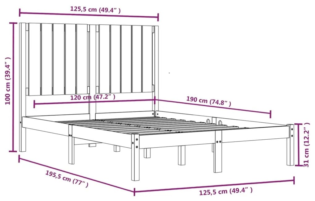 Estrutura de cama dupla pequena 4FT 120x190 cm madeira maciça