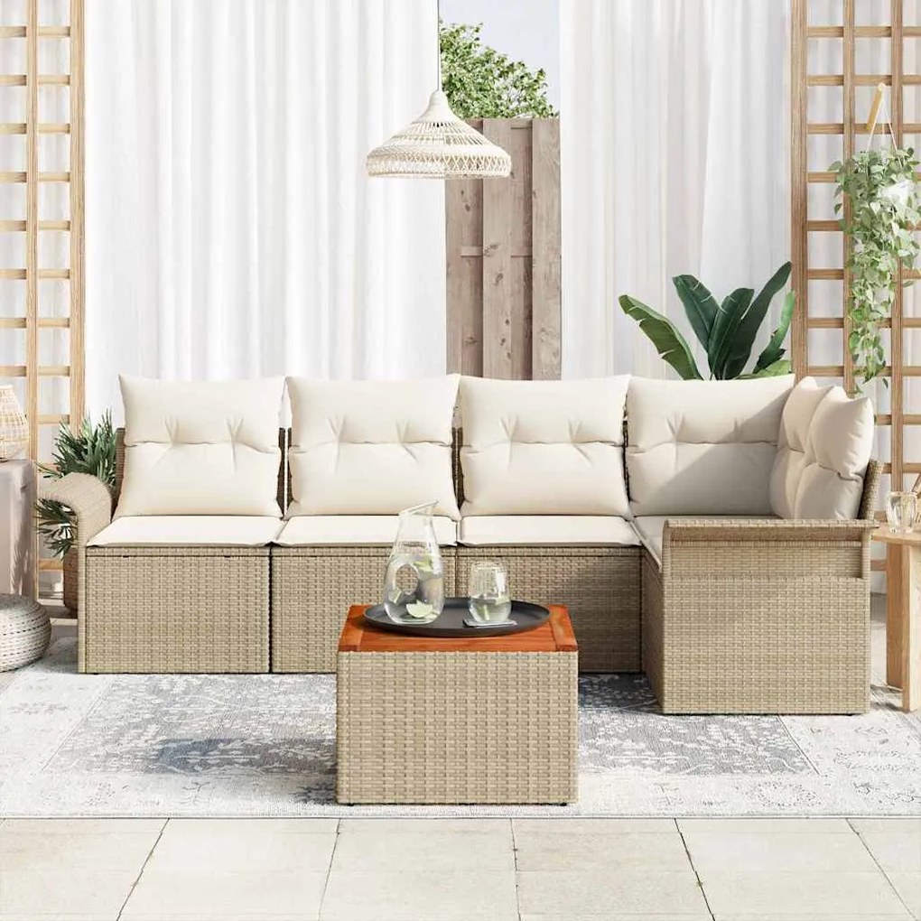Conjunto de Sofá de Jardim 6 Peças com Almofadas Beiges em Rattan Poli