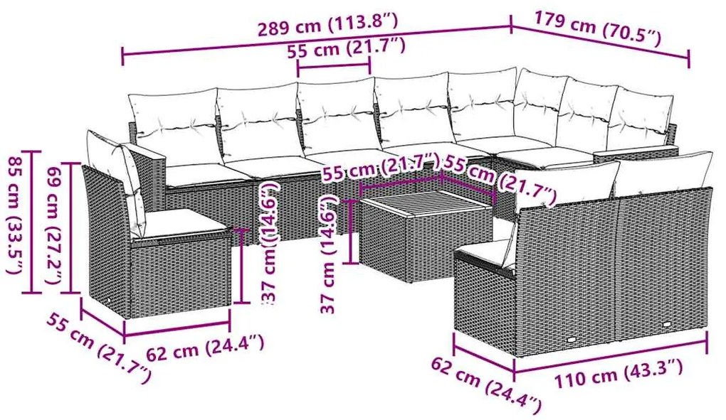11 pcs conjunto sofás de jardim c/ almofadões vime PE preto