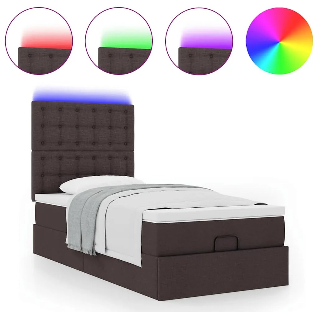 Cama otomana com colchão & LEDs 90x200cm tecido castanho escuro