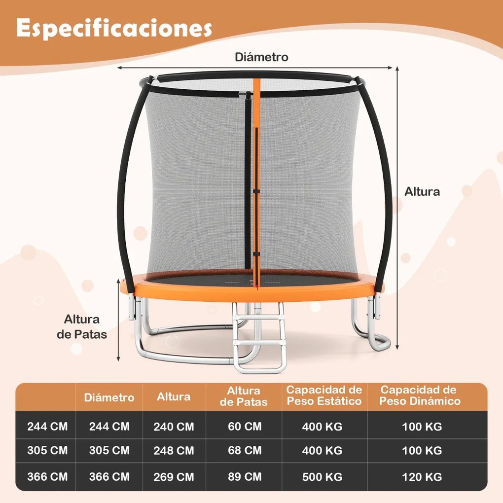 Trampolim para exterior com cerca de segurança, escada e pernas curvas robustas para crianças e adultos, 244 cm, laranja