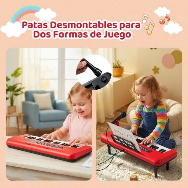 Teclado de 37 teclas para crianças com microfone, suporte e pés removíveis para maiores de 3 anos. Vermelho