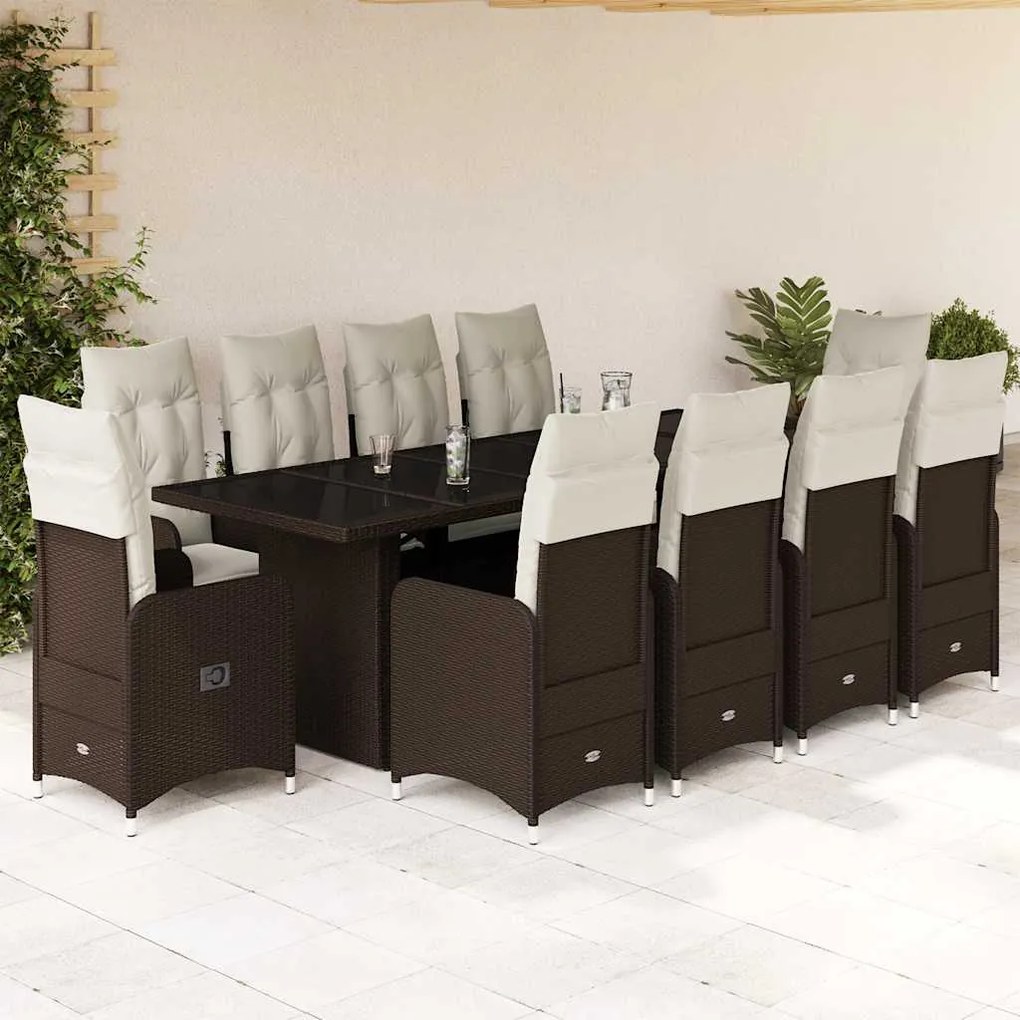 vidaXL 11 pcs conj. de bistrô p/ jardim c/ almofadões vime PE castanho