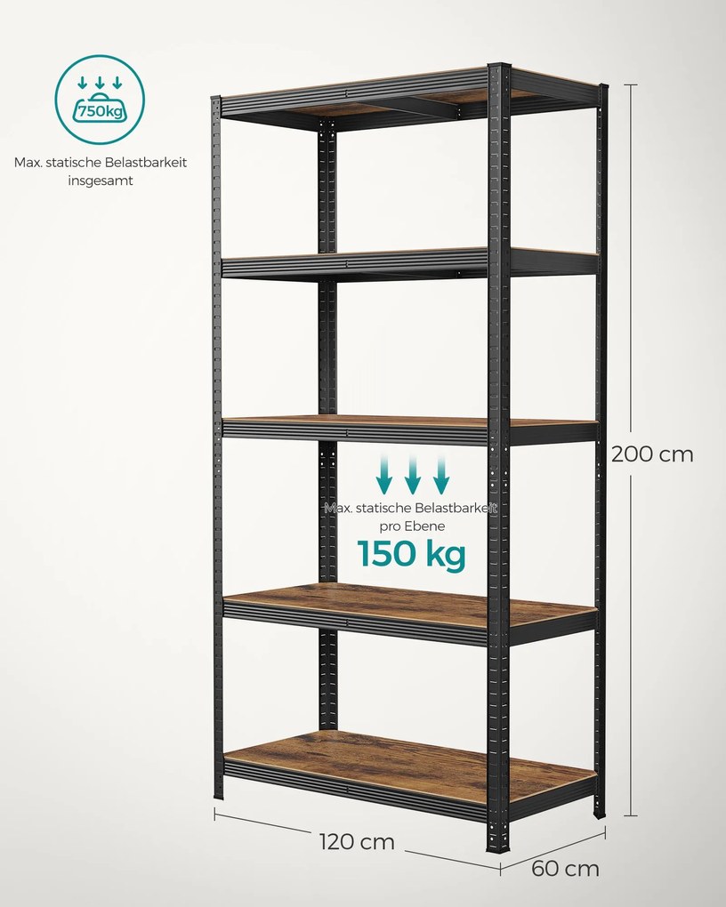 Estante de arrumação garagens, escritório, arrumos com 5 prateleiras em design industrial 60 x 120 x 200 cm Castanho Vintage -preto