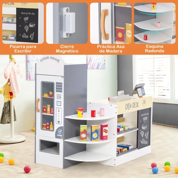 Supermercado de madeira para crianças com caixa registadora e máquina de venda automática POS para crianças dos 3 aos 8 anos de idade Branco