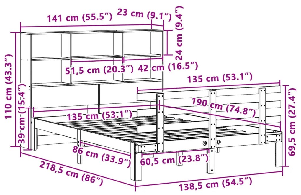 Cama com estante sem colchão 135x190 cm pinho maciço
