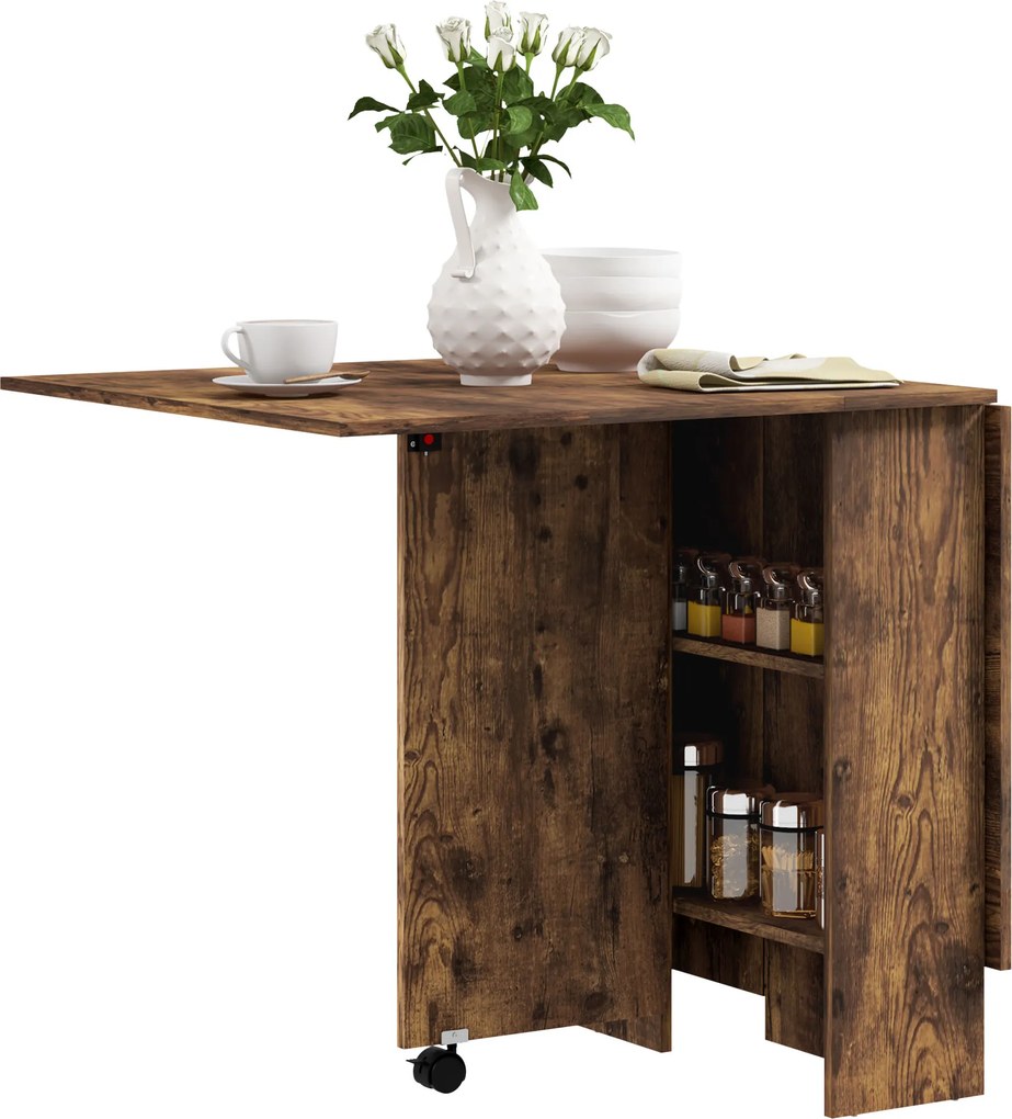 Mesa de Jantar Dobrável, 140 x 75 x 74 cm (CADEIRAS NÃO INCLUIDAS), 2 Prateleiras Integradas, Castanho Rústico