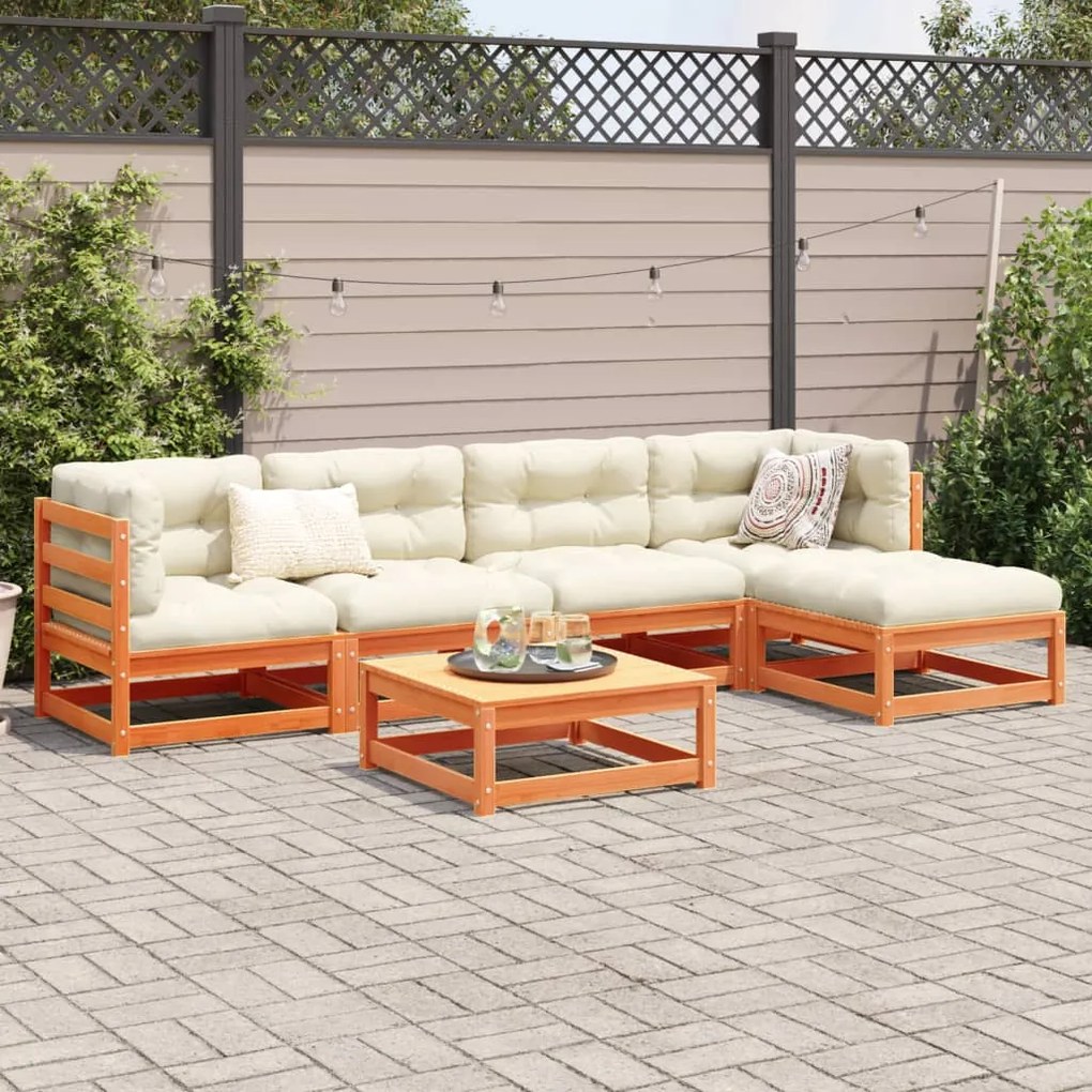 6 pcs conj. sofás jardim almofadões pinho maciço castanho cera