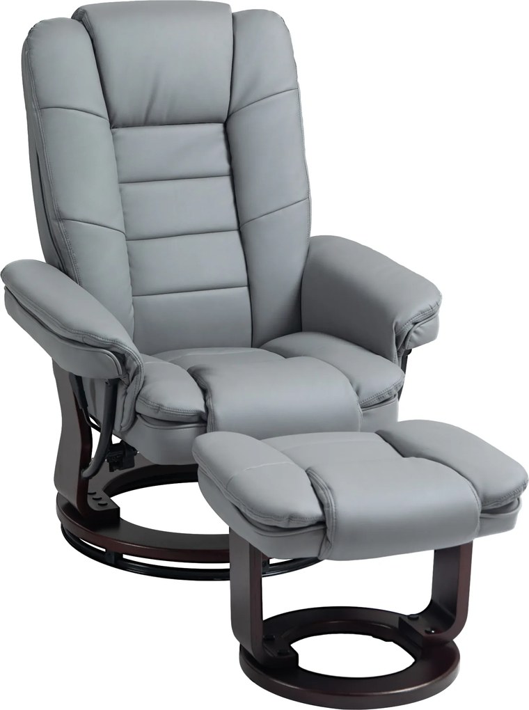 HOMCOM Poltrona relax com pufe, poltrona reclinável, giratória, encosto inclinável, efeito couro, até 130 kg, Cinza | Aosom Portugal