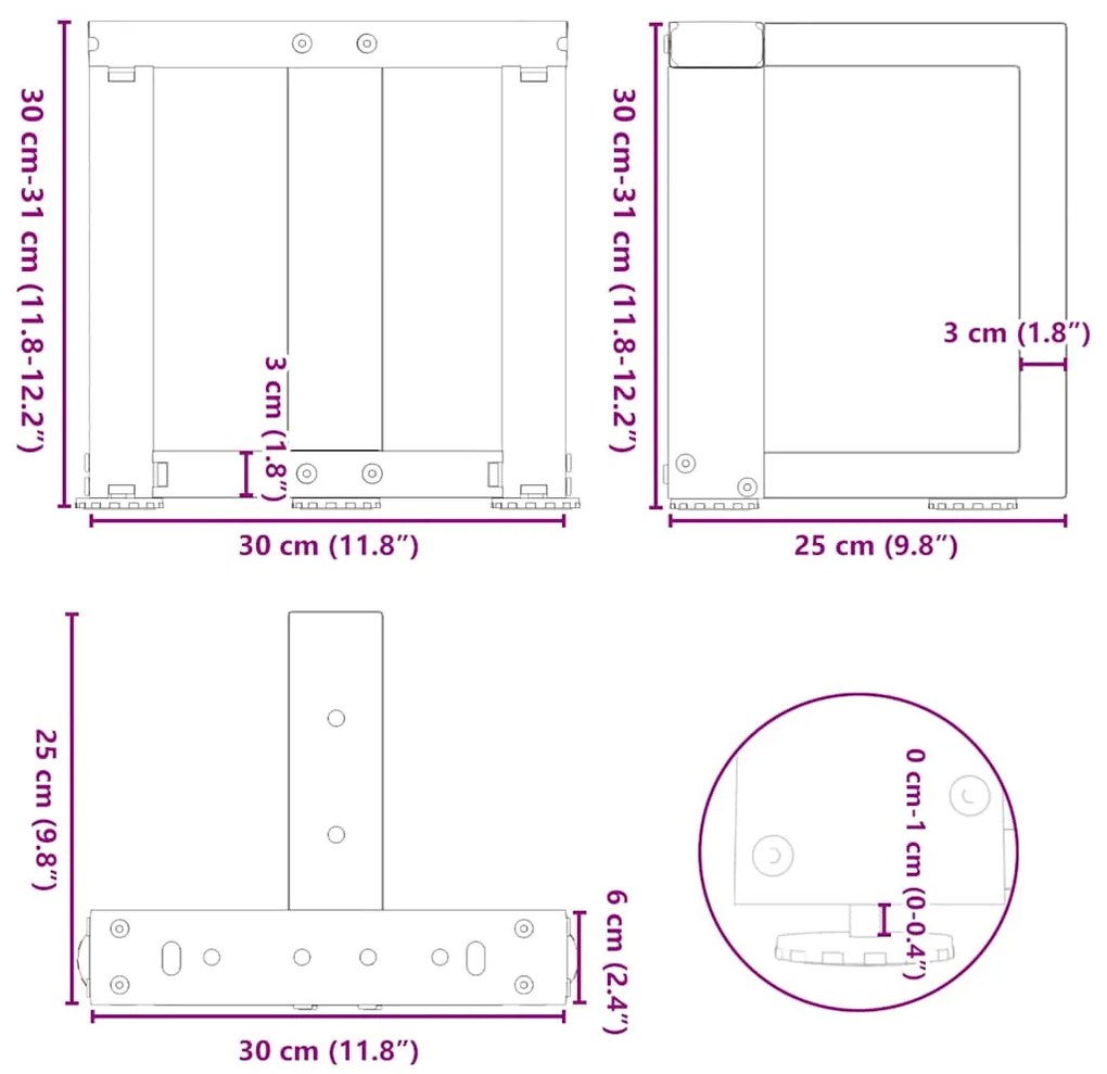 Pés para mesa de centro em forma de T, 2 peças, preto, 30x25x(30-31) c