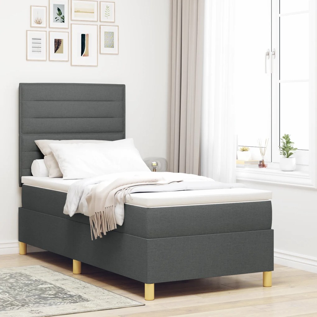 Cama Box Spring com Colchão Cinza Escuro Solteiro Tecido