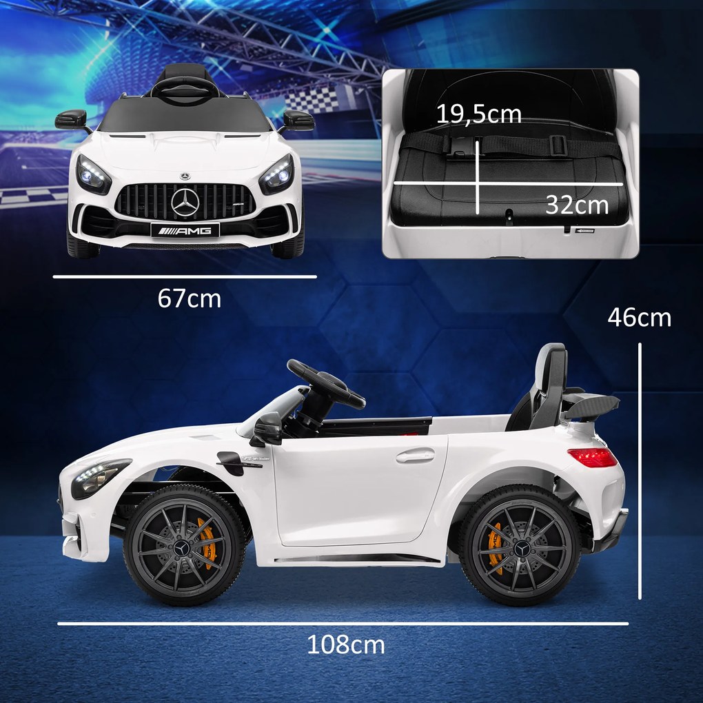 Carro Elétrico para Crianças Carro Mercedes-Benz AMG GTR com Bateria 12V Faróis Buzina e Música 108x67x46 cm Branco