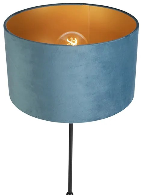 Candeeiro de pé preto com abajur em veludo azul com dourado 35 cm - Parte Country / Rústico