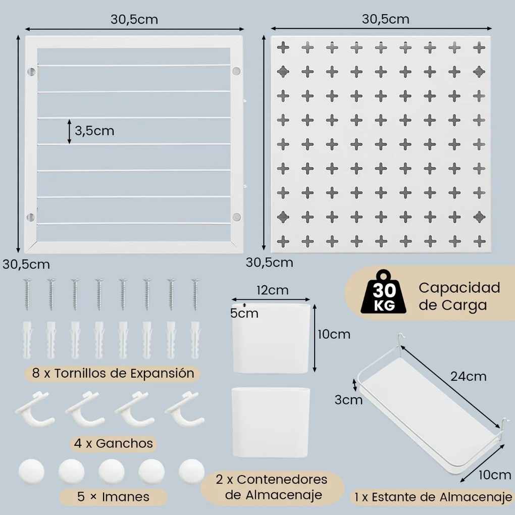 Quadro de parede com 2 painéis de fixação, ímanes para prateleiras de arrumação e ganchos para cozinha ou escritório em branco