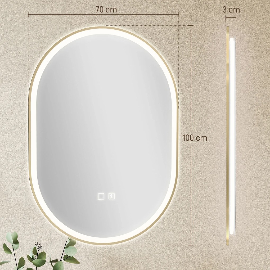 Espelho de Casa de Banho com LED Altifalante Bluetooth e Antiembaciamento 100x70 cm 3 Tons de Luz Brilho Regulável
