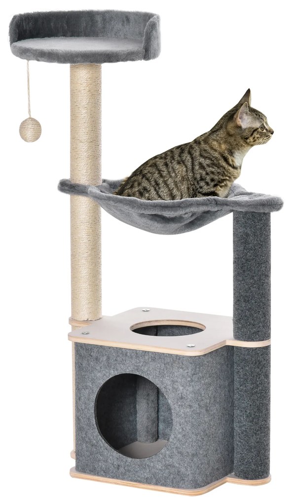 PawHut Árvore Arranhador para Gatos Árvore para Escalar Brincar e Descansar com Rede Plataformas Caverna Bola Suspensa e Poste de Sisal para Aranhar 48x34x95cm Cinza