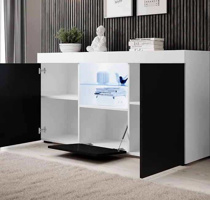 Aparador LUND com Luz LED - 150x83x40 cm - Branco e Preto Mate - Desig