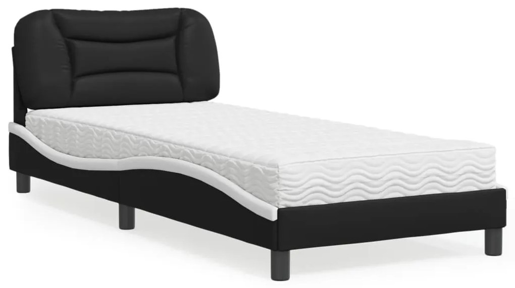 Cama com colchão 90x200 cm couro artificial preto e branco