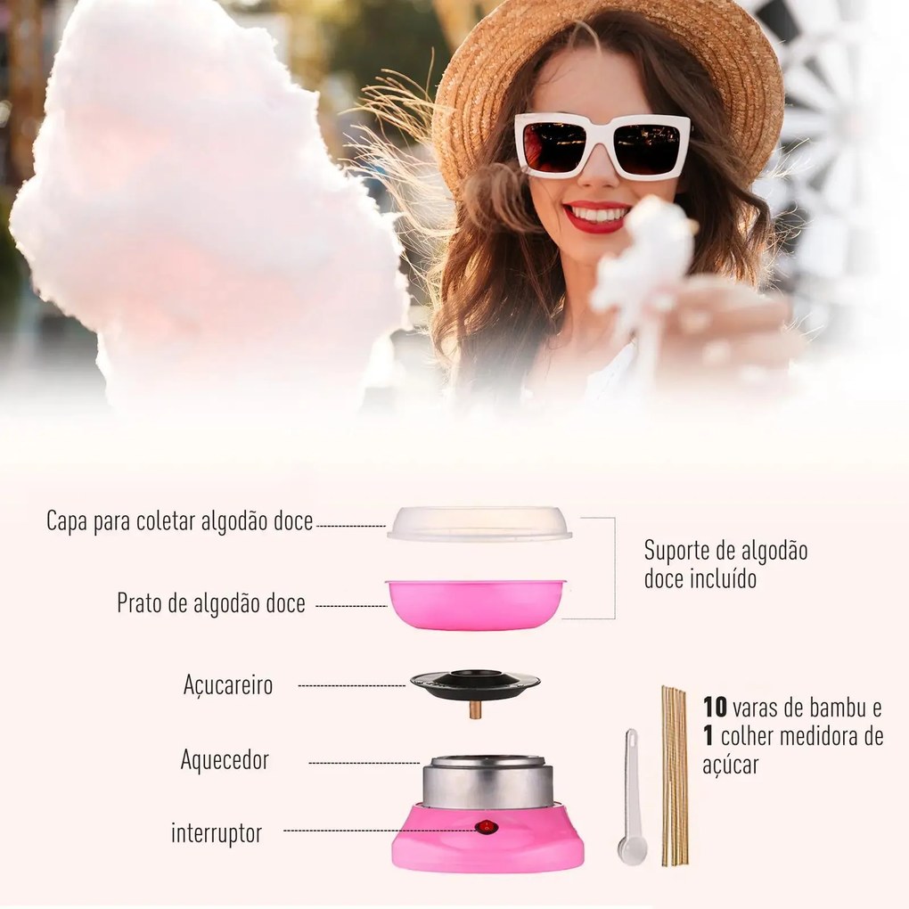 Máquina de Algodão Doce Potência 450W-550W Doce com Colher Medidora e 10 Palitos de Bambu 27x26x18cm Rosa