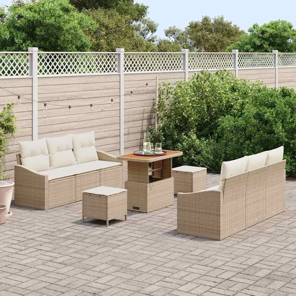 Conjunto de Sofá de Jardim de 9 Peças com Almofadas Bege em Rattan Sin